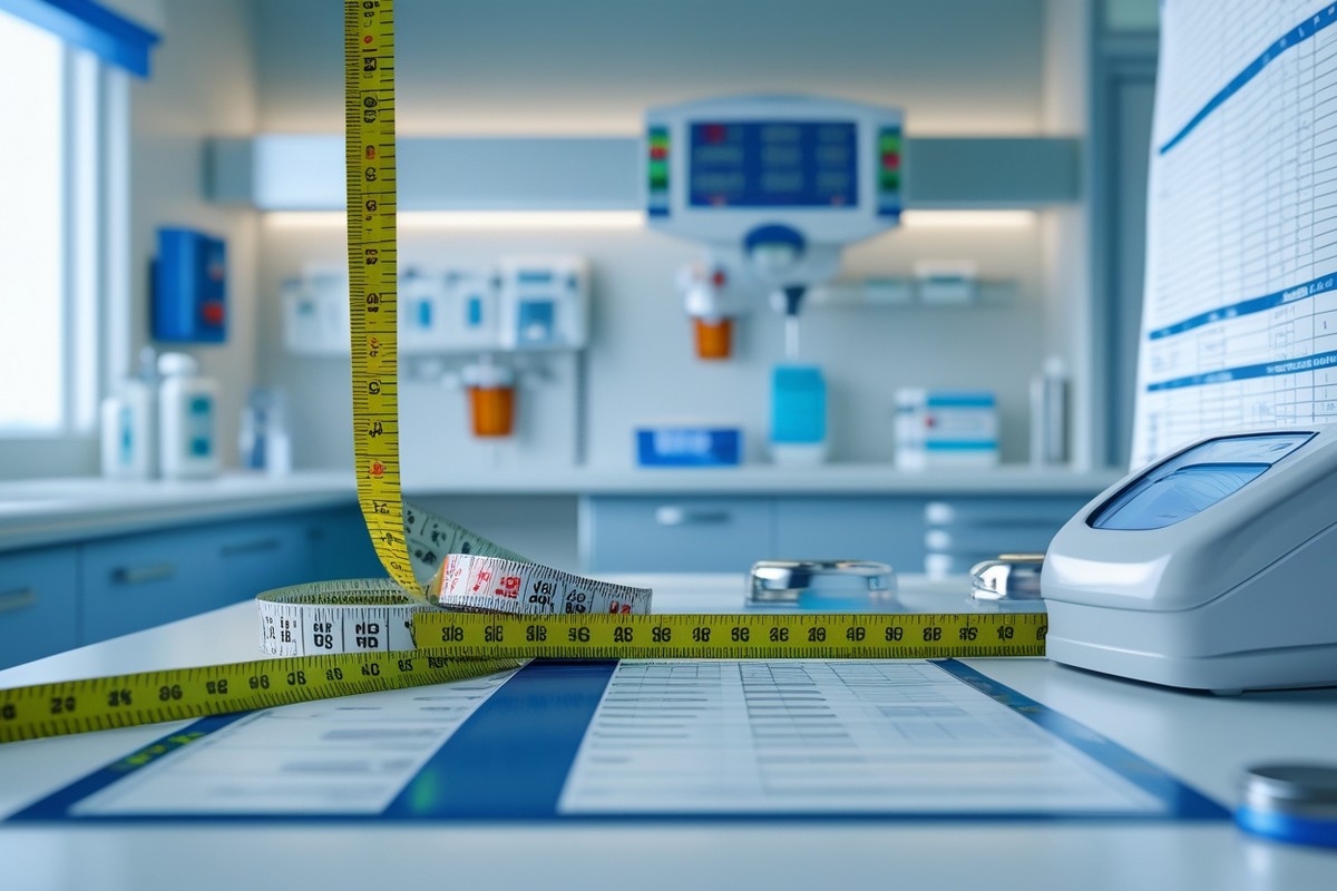 Instruments de mesure médicaux professionnels incluant un mètre ruban et une toise dans un environnement médical moderne